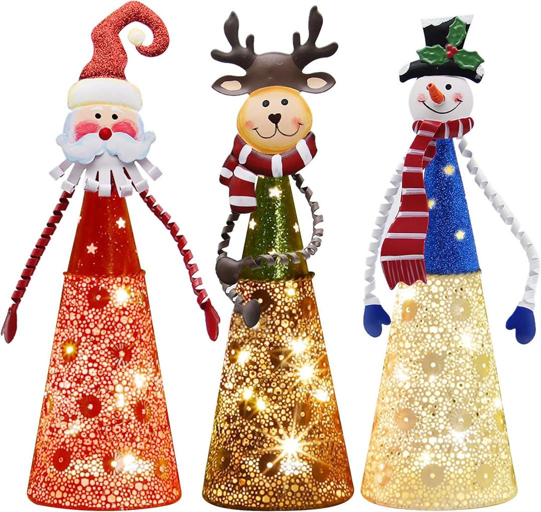 ATDAWN Lighted Christmas Table Decorations, Set of 3 Indoor LED Lighting Santa Snowman Reindeer Xmas Holiday Party Tabletop Desk Ornament & Candleholders