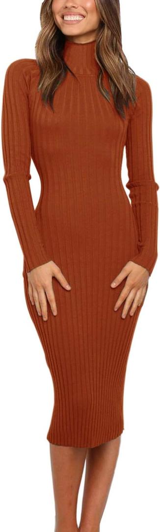 MEROKEETY Women's 2024 Ribbed Long Sleeve Sweater Dress High Neck Slim Fit Knitted Midi Dress (Large, Caramel)