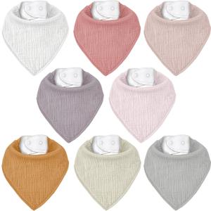 Muslin Baby Bibs 8 Pack, Baby Bandana Drool Bib for Drooling and Teething, Cotton Soft Absorbent for Girls Boys (Macaron Pink)