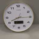 Wall Clock, 14" Dial Non-Ticking Silent Battery Operated Analog with LCD Display for Perpetual Calendar and F° Temperature, Ideal Modern Home, Bedroom, Kitchen, Office Decor (Gold)