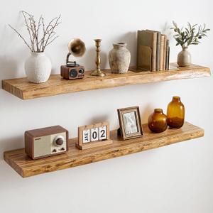 Dreamland 36 Inch Long Floating Shelves Set of 2, Rustic Solid Elm Wood Live Edge Floating Shelf Wall Mounted, 8 Inch Deep Wooden Wall Shelves for Living Room, Bedroom, Bathroom, Kitchen, Natural