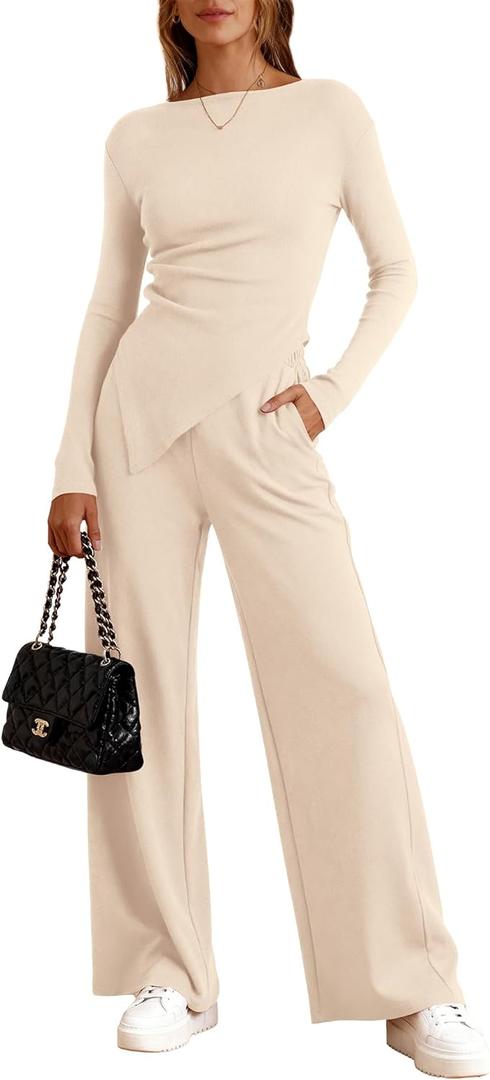 BTFBM Two Piece Sets For Women Fall 2025 Airport Outfits Asymmetrical Boat Neck Tops Wide Leg Pants Matching Lounge Set (Large, Beige)