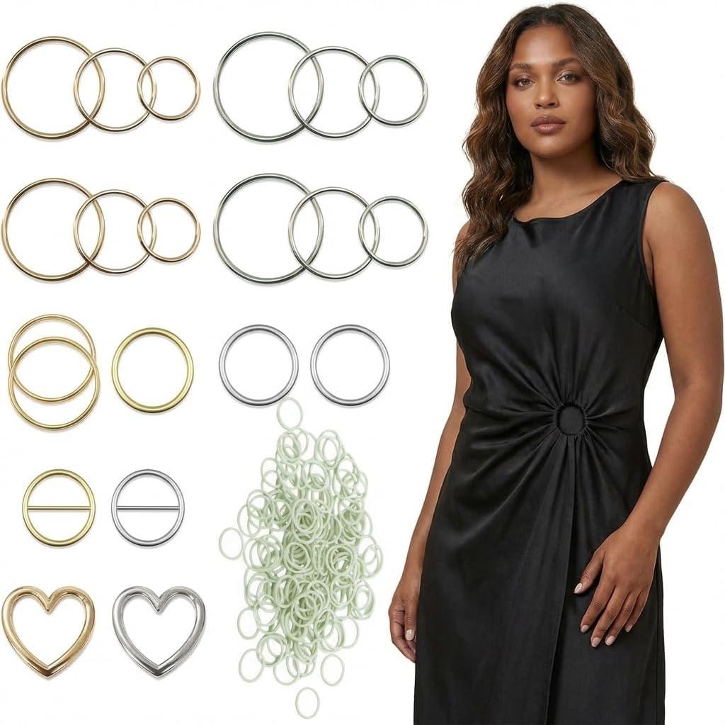 20PCS T-Shirt Clips with 150 Rubber Bands, Metal Tailor Rings for Cinching Clothing, Shirt Tie Clip Waist Tightener for Women, Cinch Knot Rings for Oversized Tees, Silvery,Golden