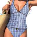 ZAFUL Women's Tankini Swimsuits V Neck Tummy Control Bow Color Block Two Piece Swimsuit Bathing Suit (XL)