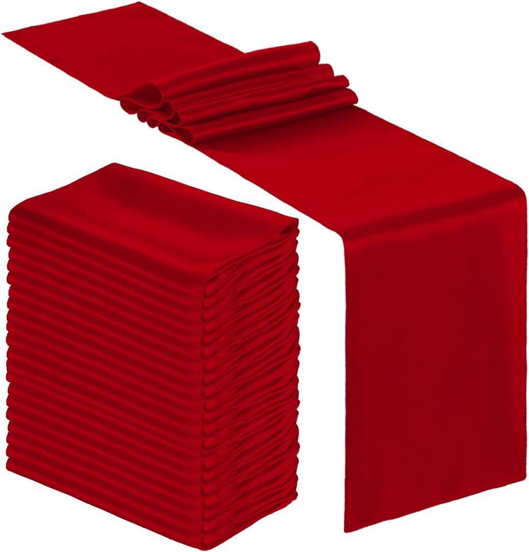 Bencailor 24 Pcs Satin Table Runner Bulk 12 x 108 Inches Long Table Runners Bright Smooth Fabric Tablecloth for Wedding Banquet Birthday Holiday Graduation Party Decorations(Red)