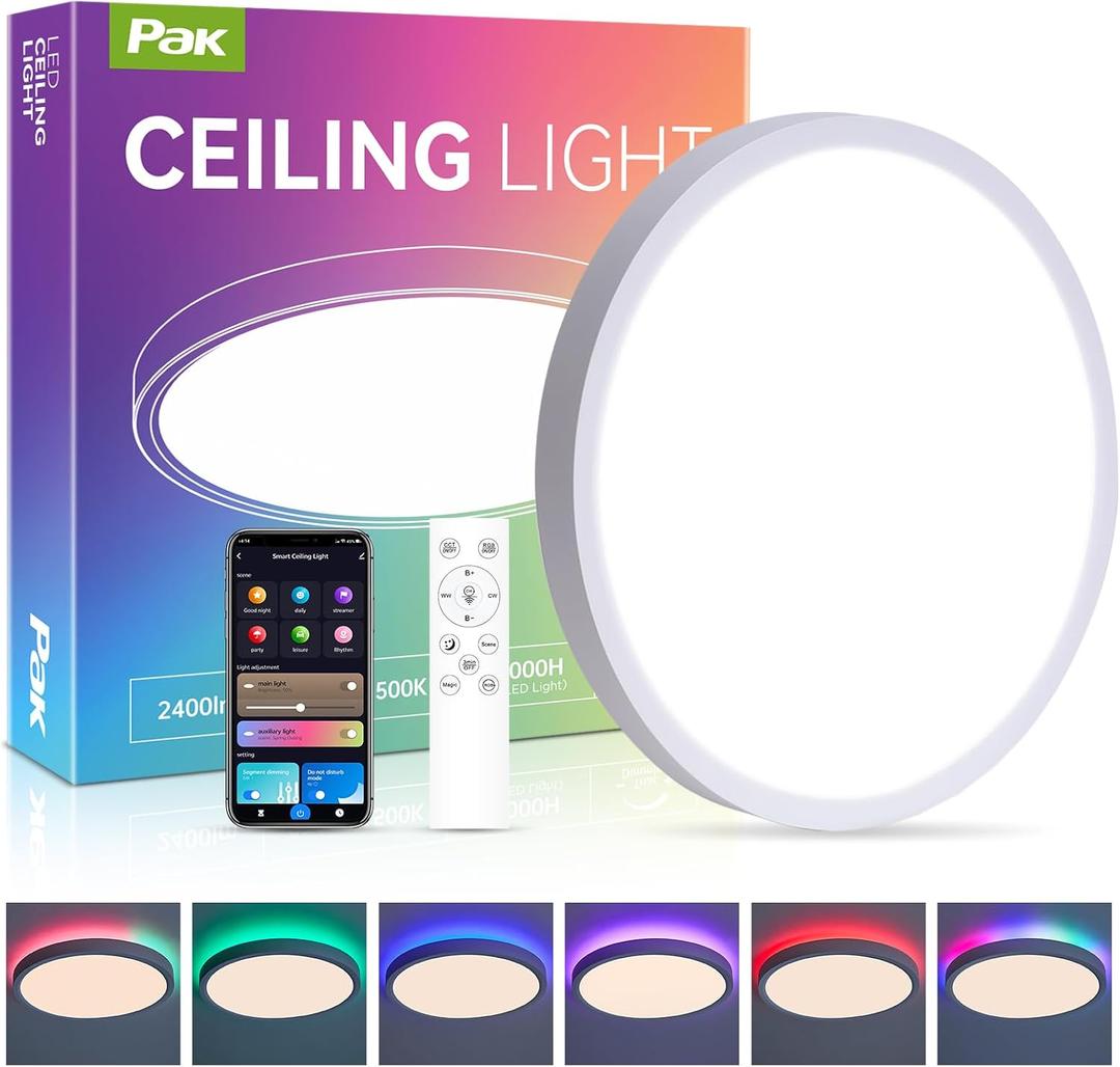 12 Inch Smart Ceiling Light, RGB+IC LED Flush Mount Light Fixture, 2400LM Dimmable, APP & Remote Control, 2700K-6500K DIY Color Ceiling Light for Bedroom Living Room, Works with Alexa & Google Home