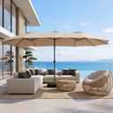 Bigroof 15ft Patio Umbrella with Base, Large Outdoor Double-Sided Market Umbrella with Terylene Polyester Fabric and Crank for Poolside Garden Deck Backyard Beach Pools, Beige