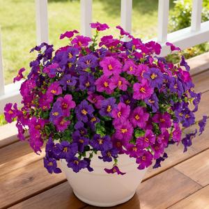 12 Bundles Artificial Flowers for Outdoors,UV Resistant Fake Silk Morning Glory Flowers Faux Plastic Plants for Planter Front Door Window Box Patio Yard Indoor Home Decor (Purple,Fuchsia)