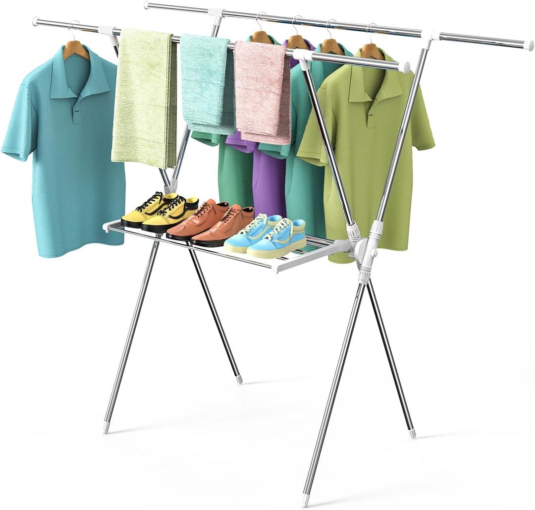 Clothes Drying Rack 2 Tiers, Heavy Duty Drying Rack Clothing Folding Indoor Outdoor, Stainless Steel Laundry Drying Rack, Portable Garment Rack, Blanket Rack Clothesline(61 Inches) (Silver)