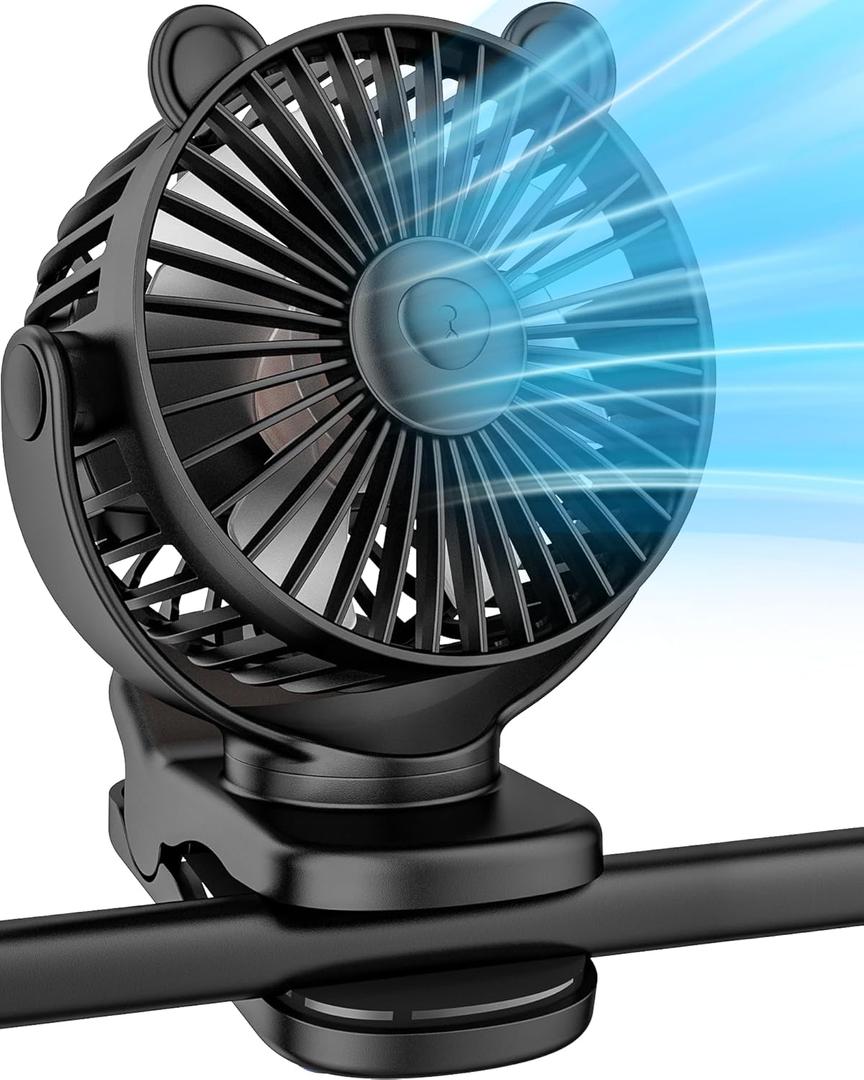 KIDEE Portable Clip on Fan, Small Desk Fan Battery Operated, 360 Rotation, Cute Design, 3 Speed, Mini Table Fan USB Rechargeable, Personal Cooling Baby Stroller Fan for Home Office Outdoor Travel