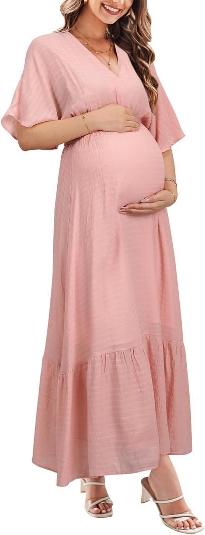 STYLEWORD Women's 2026 Summer Maternity Dress Short Sleeve V Neck Tiered Boho Flowy Long Maxi Dress (Pink, M)