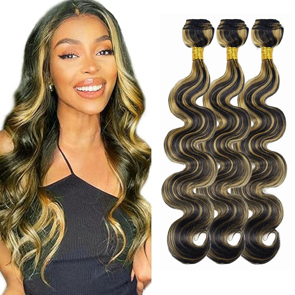 P1B/27 Human Hair Highlight Body Wave Bundles Double Weft Brazilian Hair Extensions 10 12 14 inch Ombre Two Tone Black Mixed With Honey Blonde Bundles