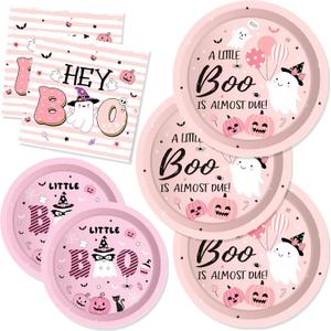 CC HOME Halloween Birthday Paper Plates Napkins Pink Pumpkin Ghost Disposable Tableware Set Party Supplies A Little Boo Theme Dinnerware Sets Serves 24 Guests for Party Plates Napkins 88PCS