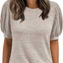 AUTOMET Womens Summer Short Sleeve Sweater Dressy Business Casual Blouses 2026 (Beige, M)