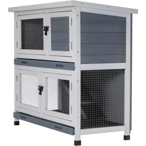 2 Story Solid Wood Rabbit/Bunny Hutch with 2 Large Main Rooms, Indoor Outdoor Rabbit House Guinea Pig Cage Pet House for Small Animals with Ventilation Door Removable Tray Waterproof Roof (Grey)