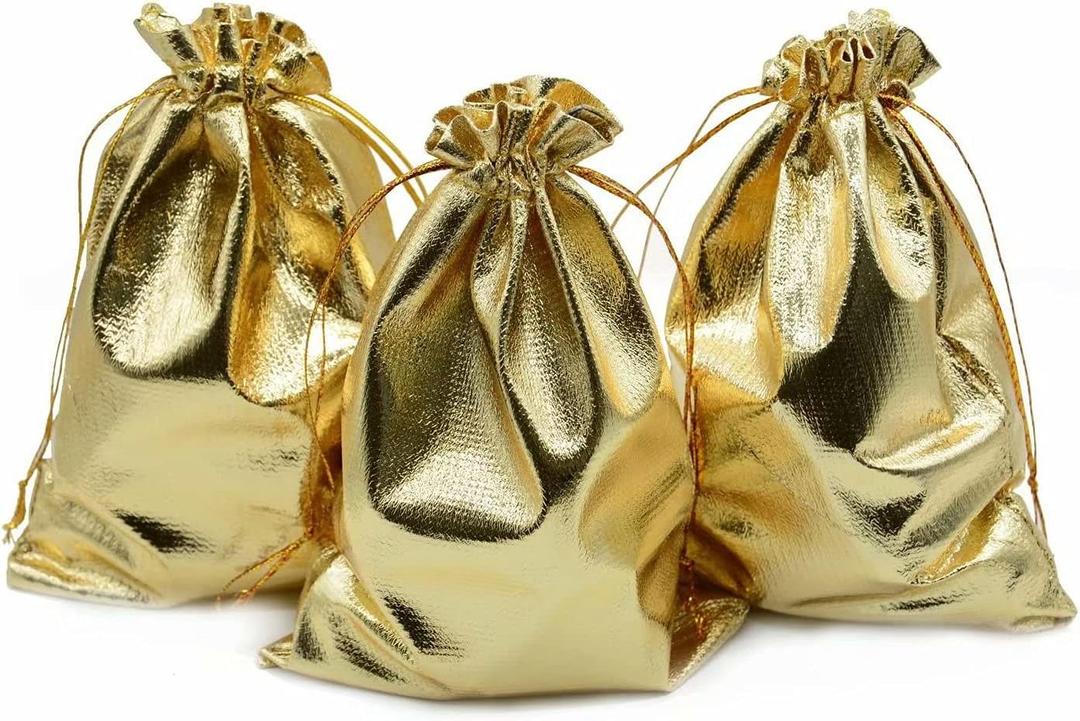 BEAVOING Pack of 100 5"x 7" Heavy Duty Gold Drawstring Organza Jewelry Pouches Wedding Party Christmas Favor Gift Candy Chocolate Bags (Gold, 5"x 7")