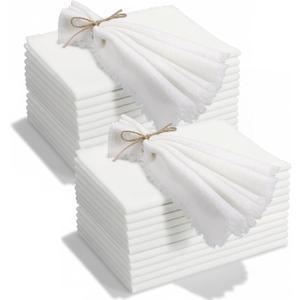 24 Pcs Fringe Napkins Bulk Cloth Cotton Soft 17 x 17 Inch Rustic Reusable Washable Festive Square Table Napkins with Fringe for Parties Wedding Restaurant Table Accessory(White)