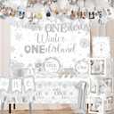Winter Onederland 1st Birthday Decoration,Snowflake Party Decoration Include Plate,Napkin,Tablecloth,Banner,Balloon Arch First Birthday Decorations for Winter Wonderland PartySilver