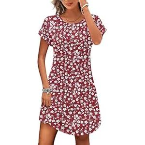 PLOKNRD Summer Dress Casual Beach Short Sleeve Fit T Shirt Sundresses Flowy Cover Ups, Red White Flower-XL