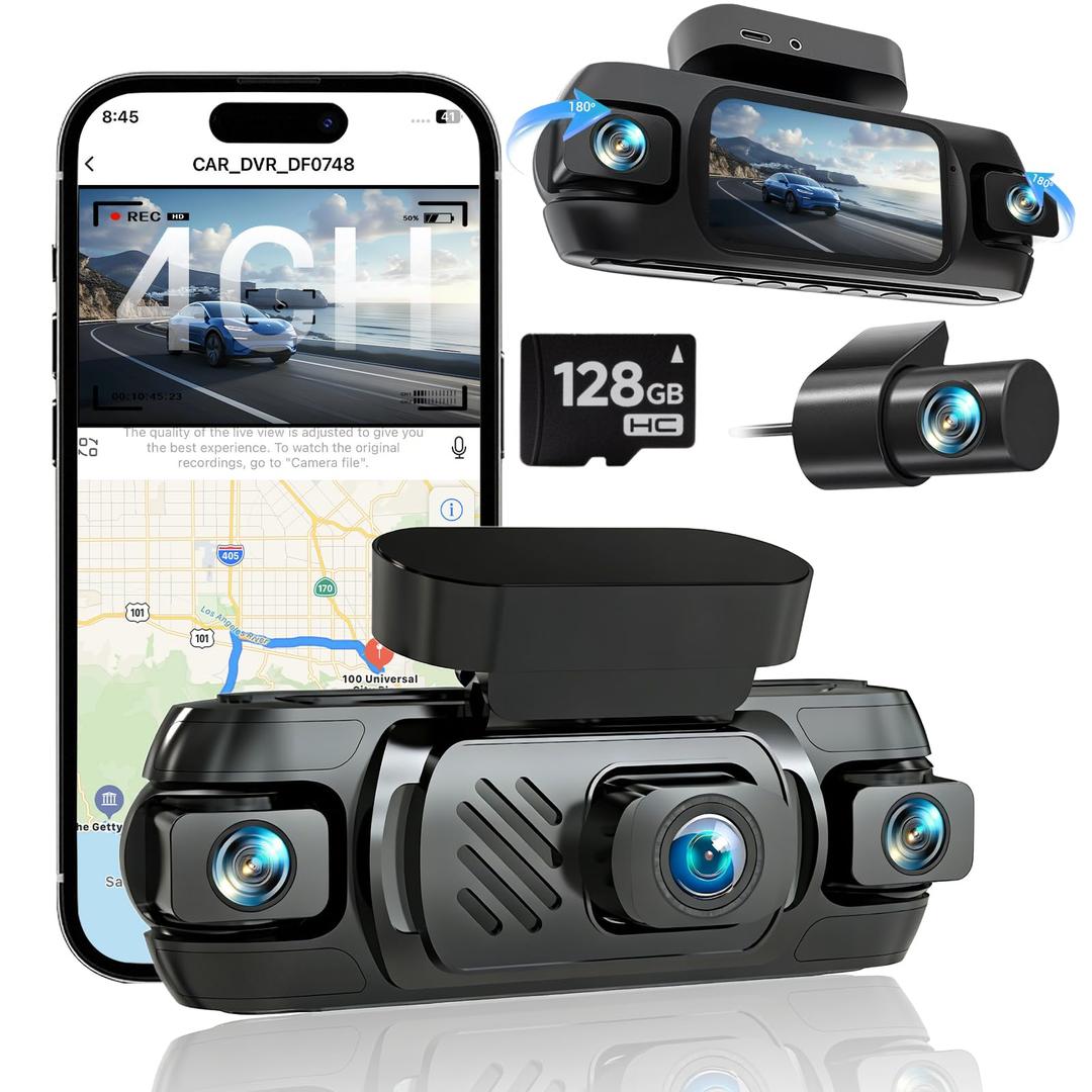 4K 4 Channel Dash Cam Front and Rear with Cabin, 4K+1080P+1080P Dash Camera for Cars, Free 128GB Card Included, Dash Cam with Night Vision, WiFi, GPS, APP Control, Parking Monitor, Loop Recording