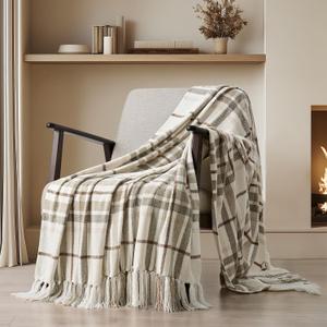 EverGrace Plaid Chenille Throw Blanket for Couch, Super Soft Cozy Decorative Farmhouse Plaid Throw with Tassels, Lightweight Chenille Knit Throw for Bed Sofa Gift Home Decor, Beige 50x60