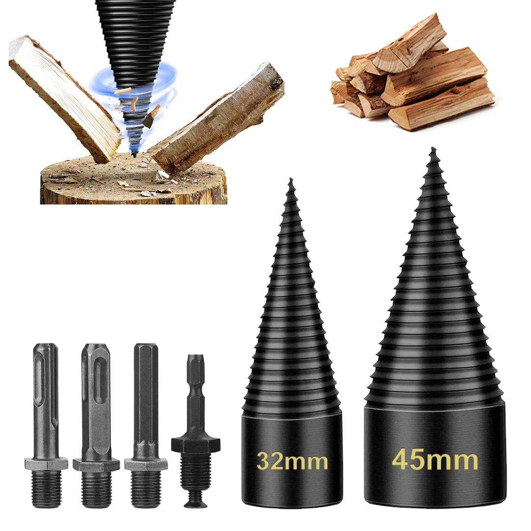 45+32mm Firewood Log Splitter, Fired Wood Kindling Splitter Set Detachable Design, Heavy Duty Electric Drills Screw Cone Driver Removable, Wood Splitting Wedge Tools 6Pcs
