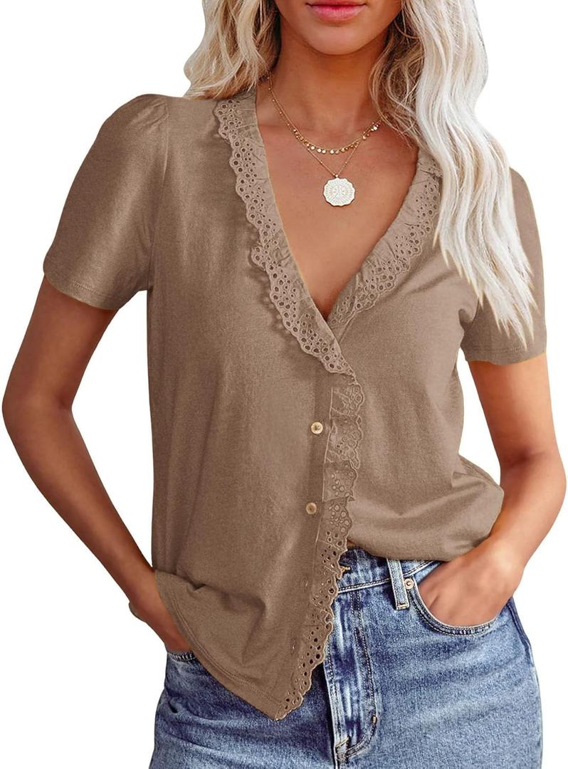 Floral Find Womens Short Sleeve Button Down Tops Casual Summer V-Neck Lace Trim Blouse Cute Tee, Coffee, X-Large (Beige, XL)
