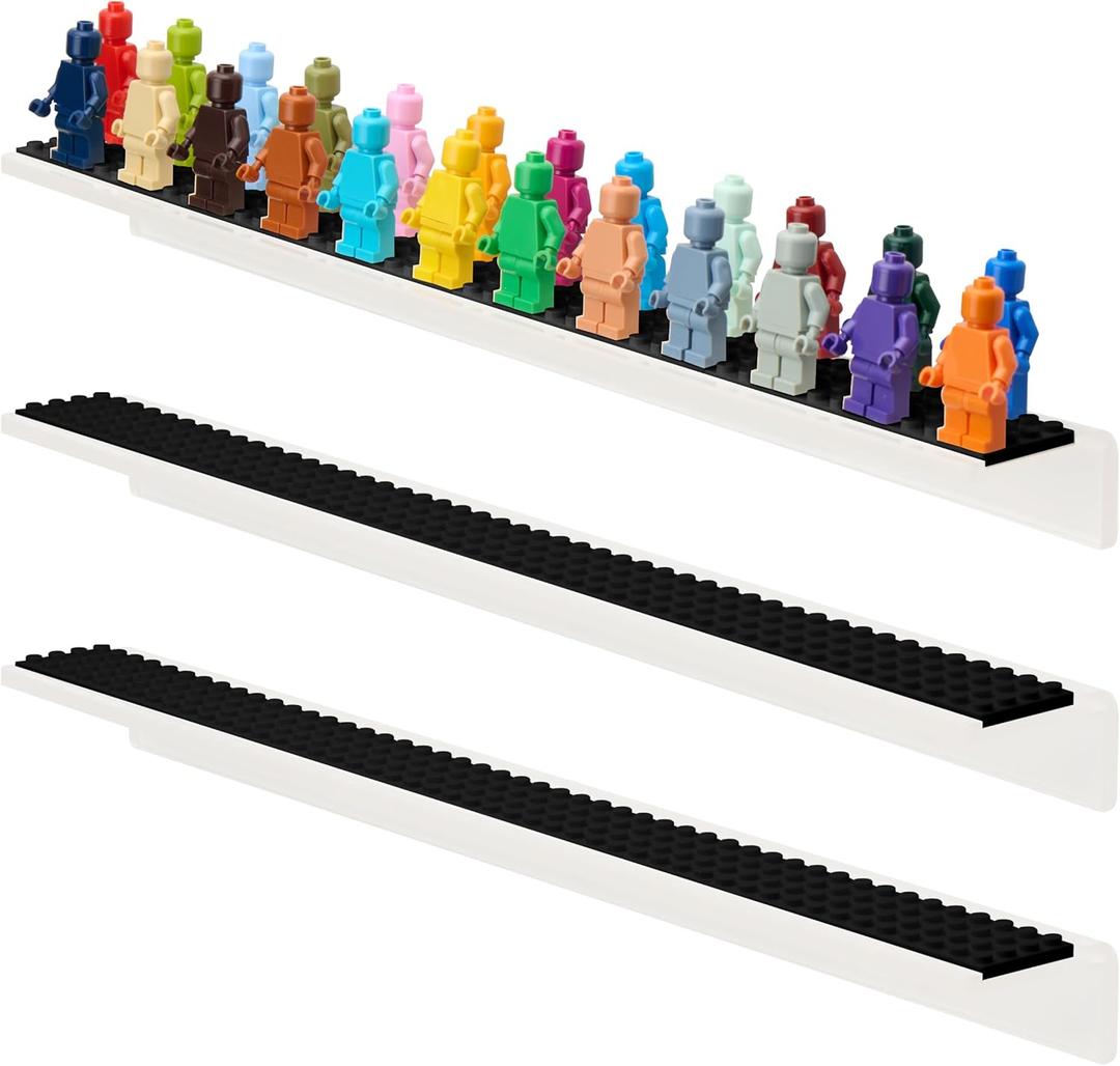 3-Pack Minifigure Display Case Holds Up To 72 Figures - Acrylic Floating Shelf Display With Brick Building Baseplates - Figure Display Cabinet Wall Mount - Minifig Organizer (Black Baseplates)