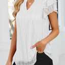 Women's Summer Puff Short Sleeve V Neck Dressy Blouses Shirts Double Layers Casual Loose Fit Mesh Flowy Tunic Tops (White, XXL)