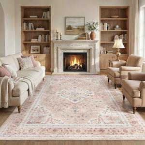 9x12 Rugs for Living Room, Washable Area Rug Pink Vintage Carpet for Bedroom Nursery Dining Room, Non-Slip Soft Thin Stain Resistant, Retro Floral Rugs for Girls
