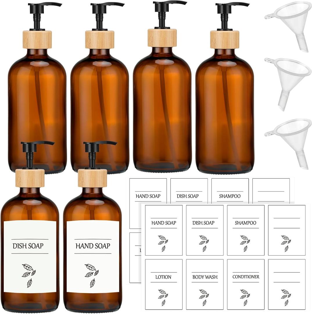 Maxcheck 6 Pack 16 oz Amber Glass Soap Dispenser Bathroom Hand Soap Dispenser with Pump with 16 Pcs Waterproof Labels Funnel Dish Liquid Bottle for Kitchen Bathroom(Wood)