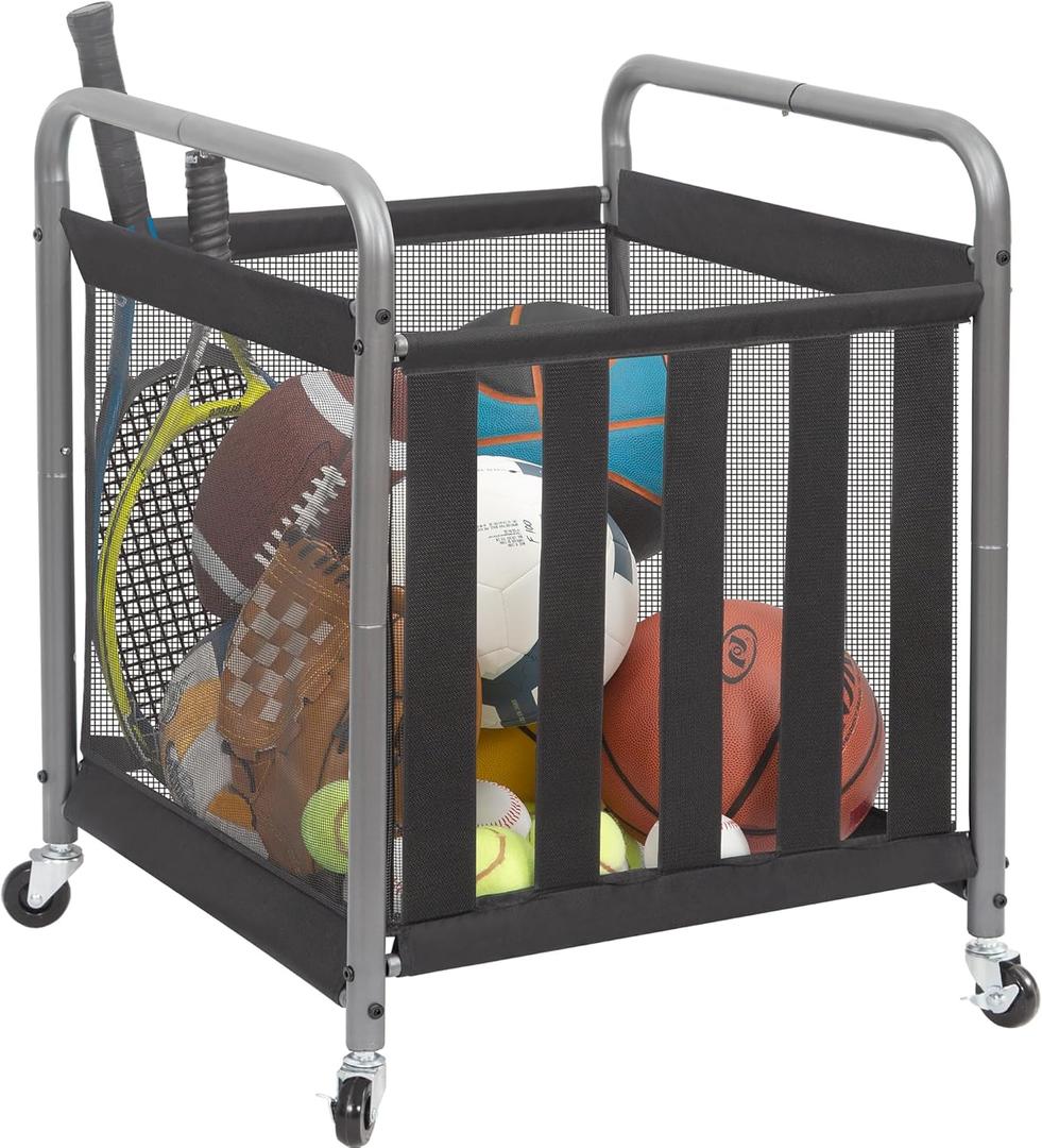 STORAGE MANIAC Ball Storage Bin Rolling Sports Ball Cart, Metal Garage Organizer Sport Rack Basketball Storage Cage for Garage or Gym, Indoor & Outdoor Sports Equipment Organizer (Black)