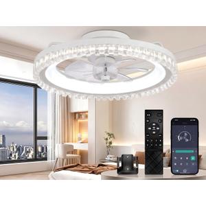Flush Mount Ceiling Fan Light, Smart Low Profile Ceiling Fan with Lights, Remote & App Control, 3000K-6500K Dimmable LED, Quiet DC Motor, 6 Speeds, for Bedroom, Living Room 20" White