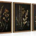Framed Dark Botanical Wall Art Set of 3, Black Moody Floral Wall Decor Paintings, Dark Academia Decor, Vintage Flower Artwork Prints Pictures for Living Room Bedroom Bathroom 12x16 Inch