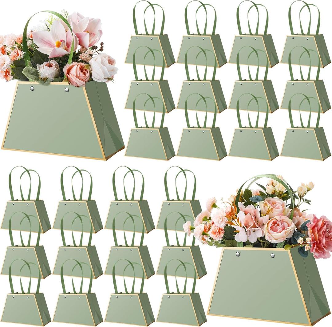 Noveread 24 Pcs Mother's Day Floral Gift Bags Bulk Portable Flower Bouquet Wrapping Paper Bag with Handle Waterproof Florist Wrap Centerpiece Box for Women Anniversary Wedding Birthday(Sage Green)