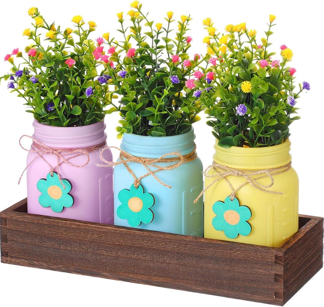 Domensi Easter Spring Table Decoration Set Rustic Wood Tray with Artificial Colorful Flower Greenery Fake Plants Mason Jar Wooden Tag for Easter Spring Dining Table Centerpiece Supplies