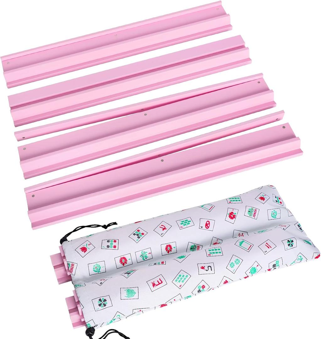 Mahjong Racks with Pushers, Pink Wooden American Mahjong Tile Pushers and Racks Set of 4, with White Printed Mahjong Racks Drawstring Bag, Mahjong Accessories (19.68 Inches)