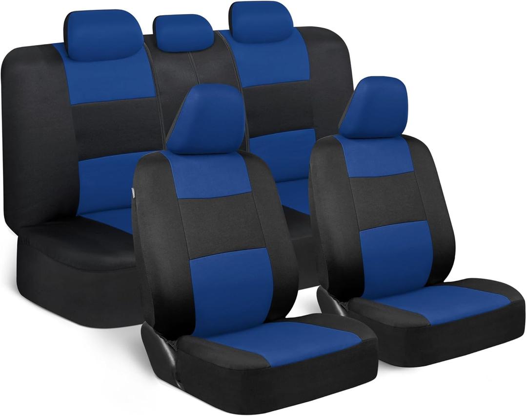 BDK PolyPro Car Seat Covers Full Set in Blue on Black, Front and Rear Split Bench Seat Covers for Cars, Easy to Install Car Seats Cover Set and Accessories for Auto Trucks Van SUV - Blue