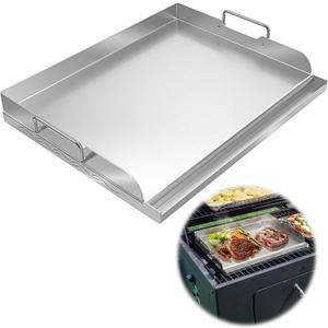 Universal Stainless Steel Griddle Flat Top Plate with Even Heating Bracing for BBQ Charcoal and Gas Grills, Camping, Tailgating, and Parties,with Grease Groove and Removable Handles (23" x 16")