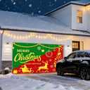 IVN Christmas Garage Door Cover Decoration 13x6ft Snowy Night Trees with Green Red Sleigh Scene Deer Merry Christmas Garage Door Banner Home Door Front Yard Decor for Xmas Eve Holiday Outdoor