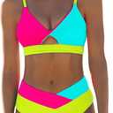 Sexybody Women' s Neon Color Block Bikini V Cut Two Piece Swimsuits High Waisted Cut Out V Neck Bathing Suit Crisscross Back (Large, 188 Multi Color)