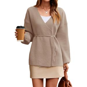 Saodimallsu Womens Wrap V Neck Cardigan Sweaters Tie Front Long Sleeve Soft Knit Dressy Work Fall Sweater Blazer (Small, Khaki)