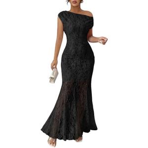 MITILLY Formal 2026 Summer Wedding Guest Dress for Women One Shoulder Bodycon Mesh Cocktail Maxi Dresses (Medium, Black)