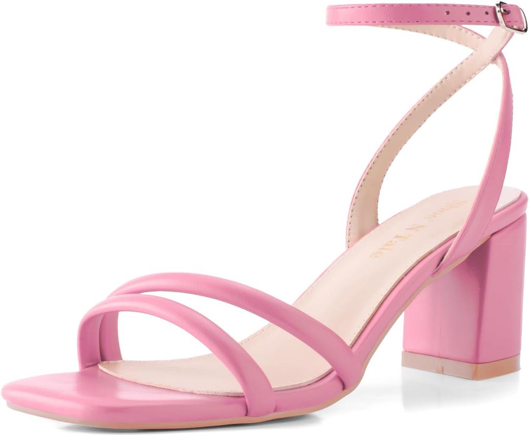 Shoe'N Tale Strappy Heels for Women Square Toe Chunky Block Heels Ankle Buckle Heeled Sandals size 6 (Pink, M)