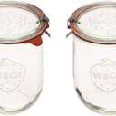 Weck Tulip Jars 1 Liter - Large Sour Dough Starter Jars with Wide Mouth - Suitable for Canning and Storage - 2 with Glass Lids