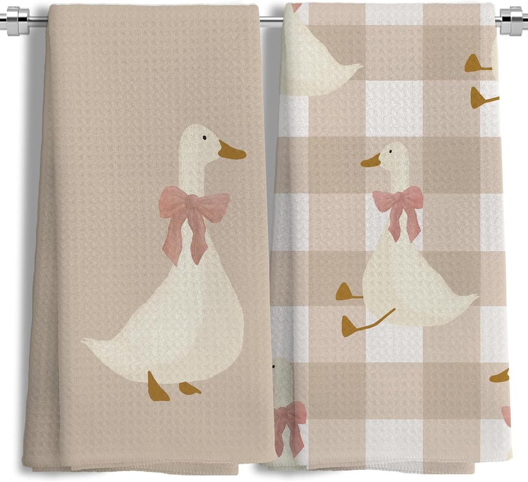 Light Coquette Bow Plaid Goose Kitchen Towels Set of 2, Neutral Beige Checkered Dish Tea Towels for Kitchen Decor, Cute Goose Animal Hand Towels for Bathroom Decor, 16x24 Inches