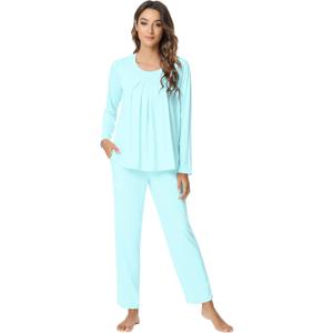 NACHILA Pajamas for Women-Viscose Made from Bamboo,Long Sleeve Pajama Sets Comfy Loungewear Pleated Pjs (Small, A-aqua Green)