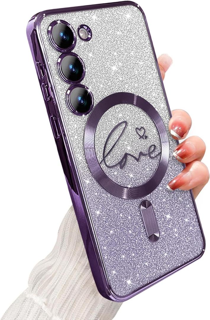 for Samsung Galaxy S23 Case Magnetic,for Women Girl Soft Cute Luxury Love Heart Plating Bling Gradient Glitter Phone Case Compatible with MagSafe Clear Shockproof Back Cover 6.1-Purple
