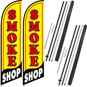 2 Set Smoke Shop Feather Flag Pole Kit Smoke Shop Sign Banner Advertising Feather Banner for Outside Outdoor Business Decoration(11 ft)