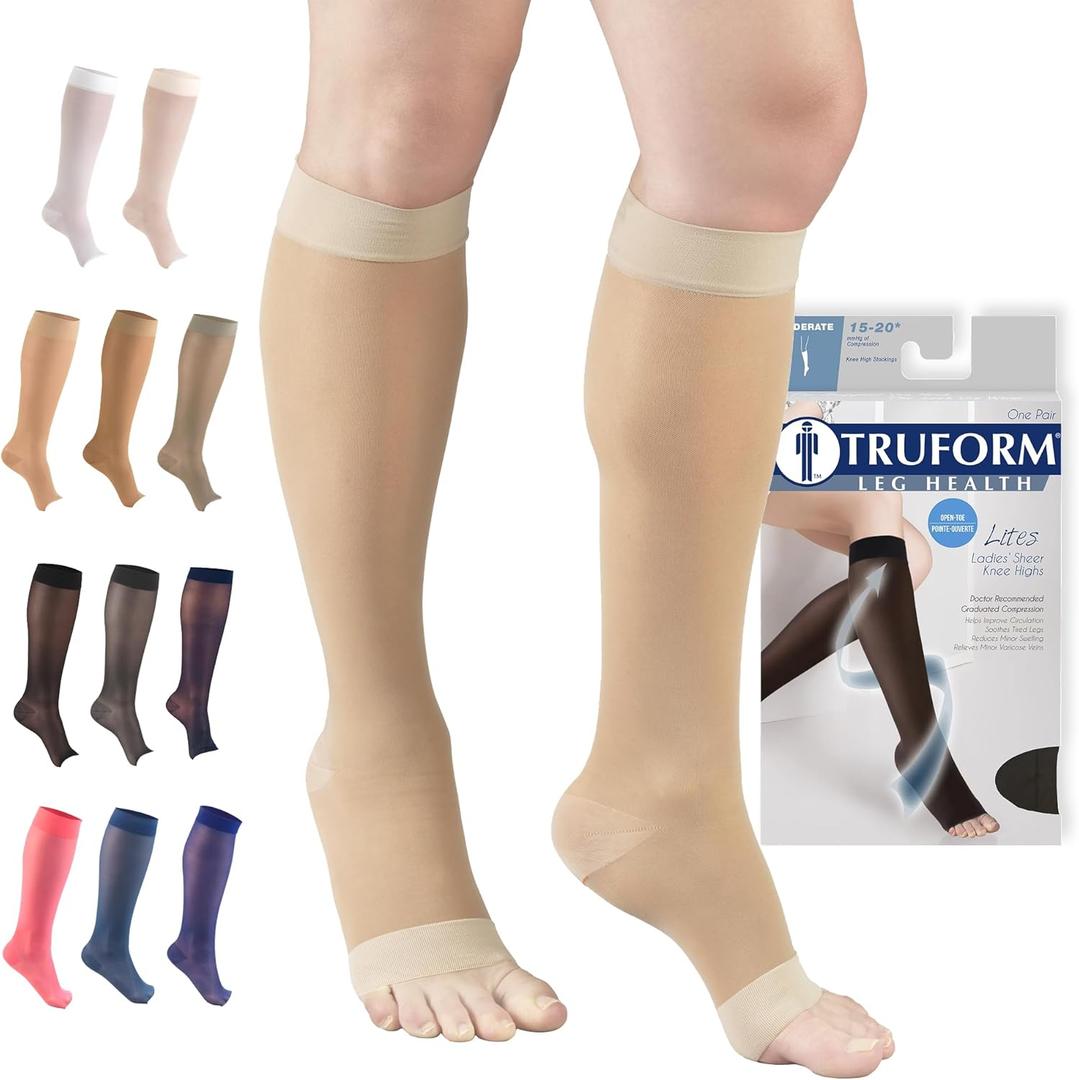 Truform Sheer Compression Stockings, 15-20 mmHg, Women's Knee High Length, Open Toe, 20 Denier, Nude, Small